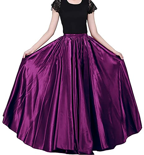 Ladies 90cm Satin Maxi Midi Skirt Long Dress Elastic Waist for Belly Dance Princess Party Cosplay Costume, Grape, One Size