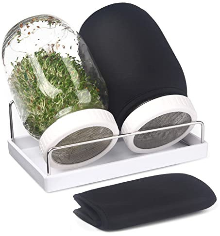 Complete Sprouting Jar Kit| 2 Wide Mouth Mason Jars, 316 Screen Sprout Lids, Blackout Sleeves, Tray, Stand| Sprouter Set for Growing Broccoli, Alfalfa and More-Seeds not Included