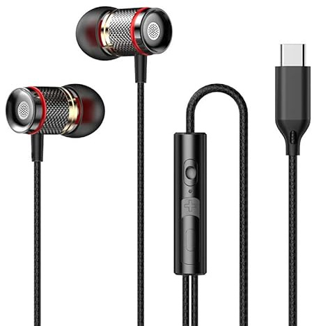 jj-shop24 Écouteurs intra-auriculaires USB-C, pour sport, iPhone, Huawei, Samsung, iPad, Xiaomi, Google, USB C, avec câble et microphone, noir