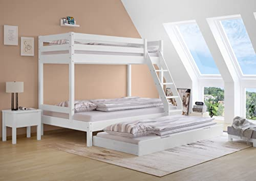 Erst-Holz®Doppel Stockbett 80 x 200 cm / 120 x 200 cm für Erwachsene WeißRollrost. Matratze und Gästebettkasten inkl.