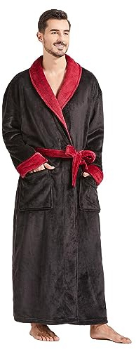 FashGudim Batas de Hombre Grandes y Altas de Felpa Larga y Espaciosa para Hombres Bata de Baño con Cuello Chal Abrigada para el Invierno (Negro y Borgoña, 7XL)
