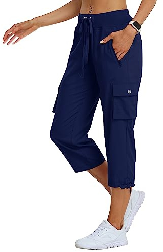 MoFiz Pantalon Cargo de Randonnée Femme Pantacourt d'été 3/4 Long Léger Capri Pantalon d'extérieur Respirant avec Poche Zippée Bleu Marine L