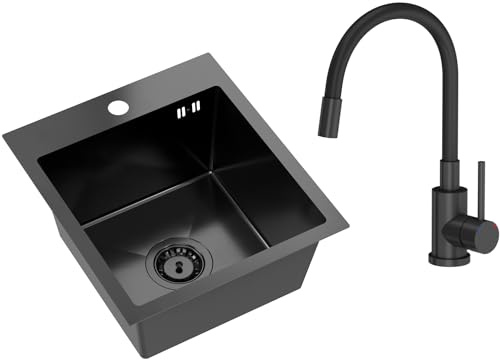 VBChome Fregadero de acero inoxidable con grifería, 40 x 45 cm, color negro, acero inoxidable, con orificio para grifo, fregadero grande, desagüe, sifón de acero inoxidable, color negro mate con caño