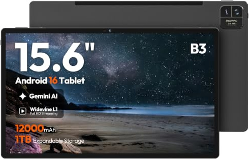 MESWAO 15.6 Inch Android 14 Tablet, 2025 Large Tablet with1080 IPS HD Display Big Screen, 8-Core, 6GB+128GB, Support 1TB TF Card, 12000mAh Long Lasting Battery for Movie/Work-Space Gray