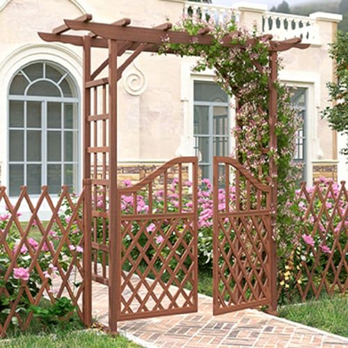 Weeddings Dekorationslaube, Gartenbogen mit Tor, Holzbogengitter für Party, Garten, Hinterhof, Rasen, Zeremonie, Kletterpflanzen (Color : Brown Arch+Inner Door, Size : 160cm)