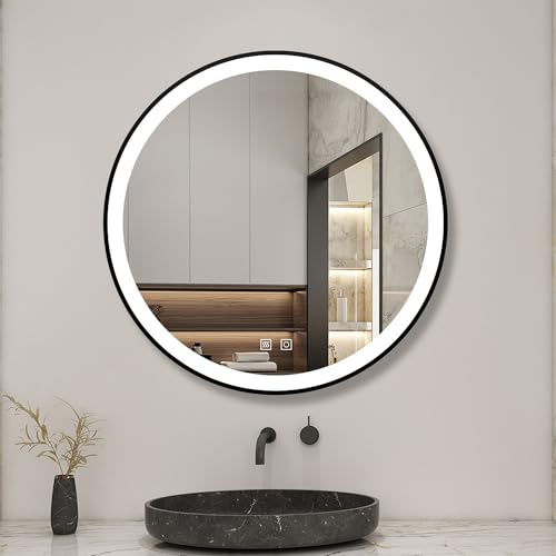 Biubiubath Rund LED Badspiegel 70cm Touch/Wandschalter Beschlagfrei 3 Lichtfarbe+Dimmbar Badezimmerspiegel mit Schwarz Rahmen Wandspiegel IP44