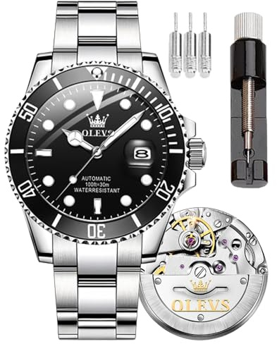 OLEVS Reloj mecánico para hombre, esfera grande, fecha, impermeable, de acero inoxidable, con brillo nocturno, de lujo, totalmente automático, 6650-benhei, Moderno