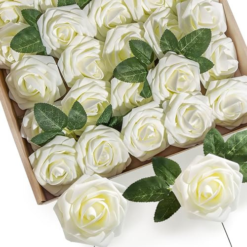 SXCCNW Artificial Flowers, 25 PCS White Roses, White Fake Flowers with Stems,for Home Decorations,Wedding Bridal Bouquets,Centerpieces Arrangement Party