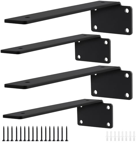 CHUENHEI 4 Stück Regalhalterung Schwarz 250mm, Schwimmende Regalaufhängungen Schwerlast, 90 Grad Regalträger Metall, Regal Halterung Wand Winkel für Büro Wohnzimmer Küchen