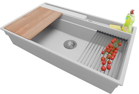 PRIMAGRAN Evier Cuisine en Granit Gris 88x53cm, Lavabo 1 bac + Kit de Vidage + Accessoires, Évier à Encastrer al mueble 90cm - Oslo Pocket S459