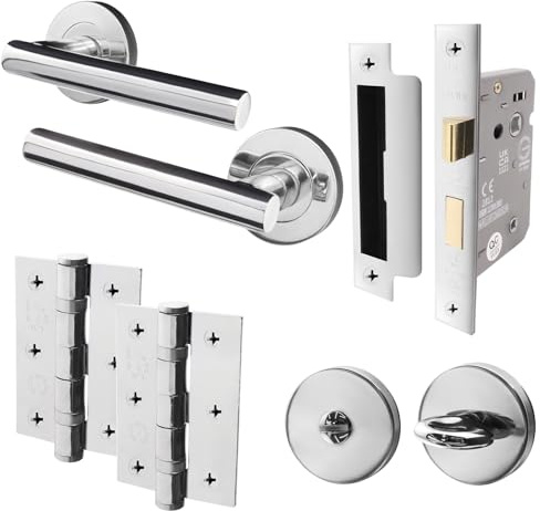 EAI Polished Chrome Door Handles with Bathroom Lock 80mm, Hinges - Oliena | Complete Bathroom Kit with 1 Pair of T-Bar Door Handles, 80mm Lock, 76mm Hinges and Thumb Turn Set, Fixings Included
