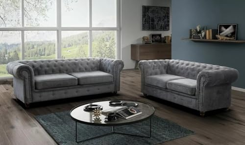 Easy4You Chesterfield Dunkelgrau Velvet Set 3-Sitzer + 2-Sitzer Sofa Sofas für Wohnzimmer Sofagarnituren mit Holzfüße Set Sofas & Couches