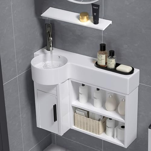 ITETONE Mobile lavabo per Bagno per Piccoli spazi, lavabo angolare a Parete, lavabo Moderno in Ceramica Liberty da appoggio, lavabo sospeso in Porcellana con Ante (70 cm)