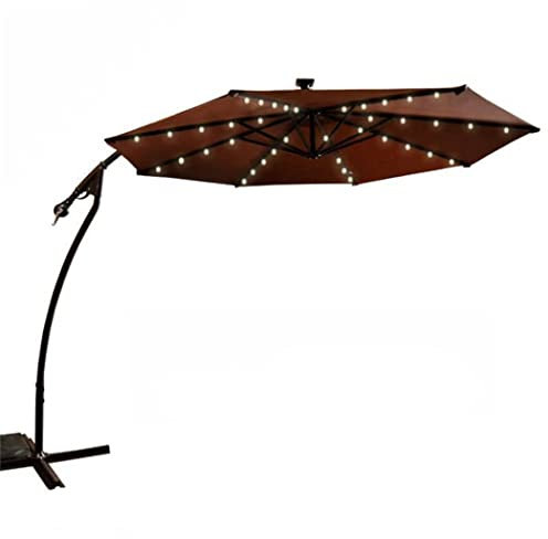Parasol de terrasse solaire décalé avec lumières DEL de 3 m, marron, bouton-poussoir d'inclinaison/manivelle, 8 baleines, pour jardin, pelouse, terrasse, jardin, piscine