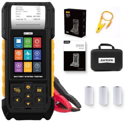 AUTOOL Testeur Batterie Voiture avec Imprimante Intégrée, 12V 24V Testeur de Batterie et Alternateur Analyseur de Batterie pour Batteries Li-ion et Pb-acide, avec 3 Rouleaux de Papier Thermique