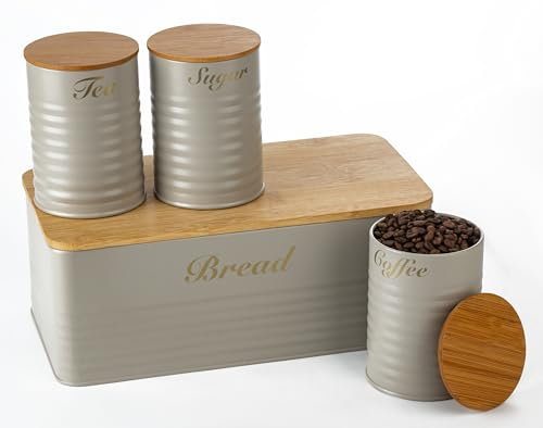 LENAK Tea Coffee Sugar Bread Canister Set - Labelled Containers Tins Jar Sets Sugar Pot Bread Storage Box for Kitchen Accessories & Essentials (Beige 4 Pieces)