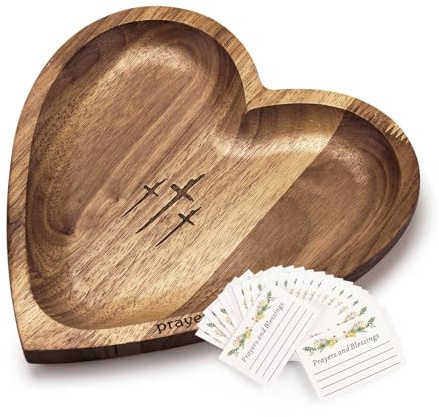 Woonmart Wooden Heart Prayer Bowl, Dough Bowl with 24 Prayer Cards, Religious Gifts, Heart Prayer Bowl, Easter Gifts Thanksgiving Day christian decor prayer box christian gifts for women