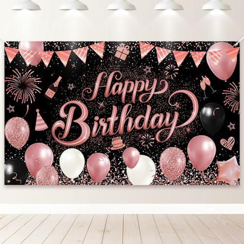 PartyYaa Striscione con scritta Happy Birthday, decorazione per sfondo di compleanno, extra large, per feste e cabine fotografiche, poster decorativo per donne e ragazze (rosa nera)
