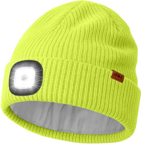 ATNKE LED Beleuchtete Mütze mit Licht Fleece Gefüttert, USB Wiederaufladbare 4 LED Laufmütze Freihändig Stirnlampe Winter Warm Wollige Totenkopf Mütze Geschenke für Herren und Damen