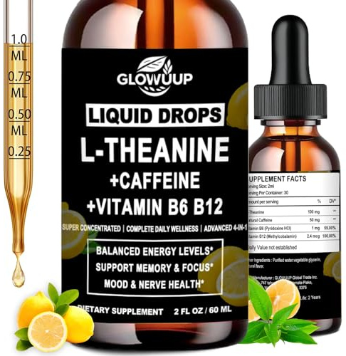 L-Theanine Supplement with Caffeine, Organic Liquid Caffeine 50mg w. L-Theanine 100mg, Vitamin B12 B6 for Focused Energy, Alertness & Recess Mood, Nootropic Brain Drops for Women & Men丨30 Days Supply