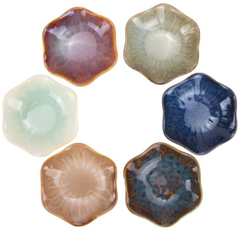 X-BLTU 6 Pcs Ceramic Dipping Bowls Small Dip Bowls 10cm, Flower Shape Sauce Tapas Dishes Set, Serving Prep Bowl for Dips, Decorative Tea Bag Dish Spoon Rest for Snack Spice Sushi Sauce Soy Dessert