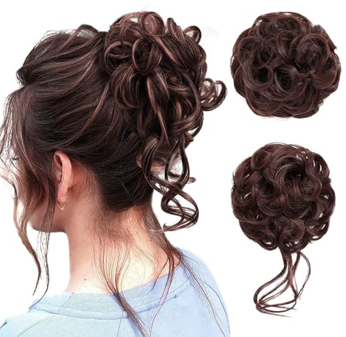 2 Stück Haarteil Mit Gummiband, Dutt Haarteil & Haardutt - Haargummi Mit Haaren für Hochsteckfrisuren, Voluminöse Haarverlängerung Braun (Braun）