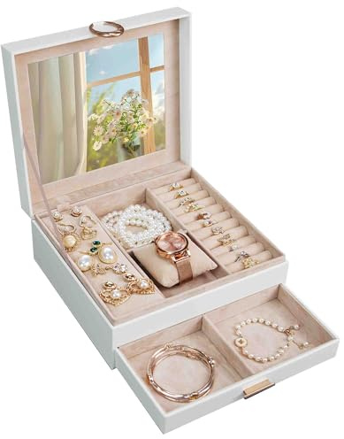 ADEL DREAM Boîte à bijoux à 2 étages avec plateau extensible - Organiseur de bijoux avec grand miroir avec structure DIY - Pour colliers, bagues, boucles d'oreilles, mères et filles - Blanc