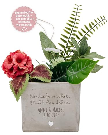 wunderwunsch Blumenvase Blumentopf Betonoptik als Geschenk individualisiert mit Spruch als Blumengeschenk zu Hochzeit, Geburtstag, Danke, Abschied (Wo Liebe wächst, quadratisch 11x11x9,5)