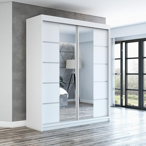 A&J MöbelLand Schwebetürenschrank ERA Kleiderschrank 2-türig mit Spiegel, Garderobe 160 cm (Weiß/Weiß/Weiß)