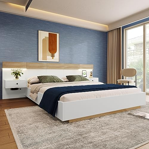 Zravenna Doppelbett Holzbett 180x200cm mit Kopfteil und 2 Schubladen-Nachttischen, Massivholzbett Bettgestell mit Lattenrost, Modernes Schwebebett, Zweifarbiges Gestaltung, Sonoma-Eiche+Weiß (B)