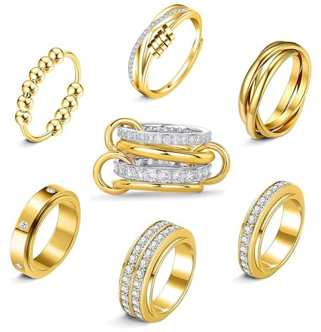 LOFITOR 7 stycken anti-ångest spinner ringar band ringar för stress ångestlindring för kvinnor män rostfritt stål roller anti-stress ringar set ångest band ring CZ måne kors schackbräde guld silver