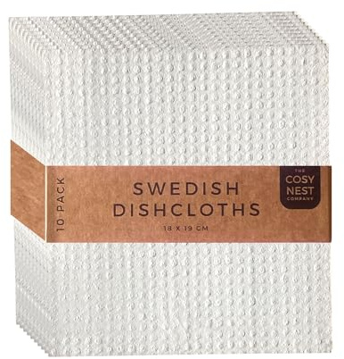 The Cosy Nest Company Swedish Dishcloths 10 Pack White Eco Friendly Reusable Cleaning Cloths for Kitchen & Washing Up – Biodegradable Cellulose Sponge Cloths for Dishes, Counters & Surfaces
