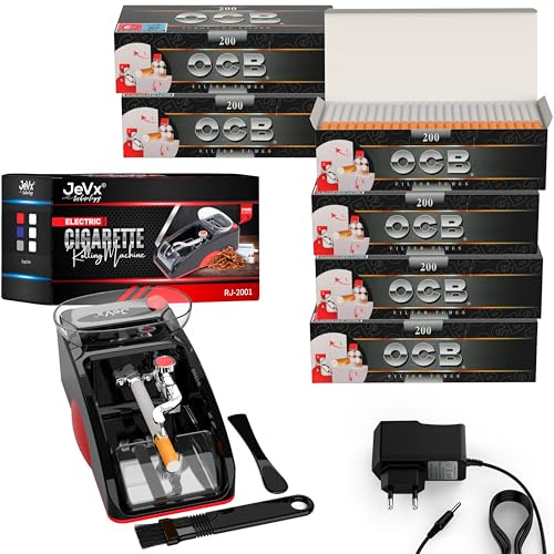 JeVx Máquina Entubar Eléctrica y Liar Tabaco Automática + 1200 Tubos OCB, Máquina para Hacer Cigarros y Liadora de Cigarrillos Rojo