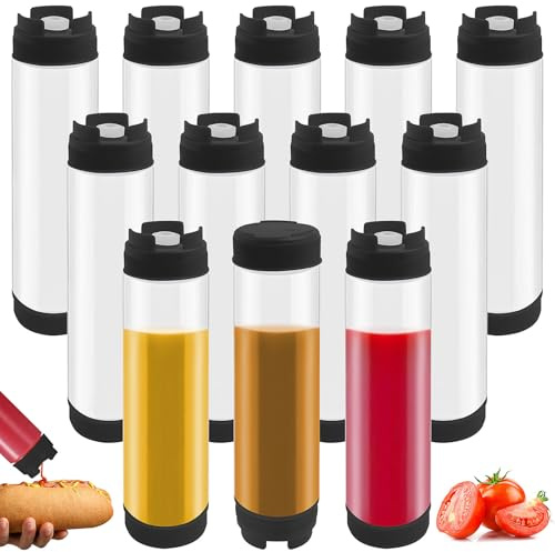 HFZCV 12 Stück Umgekehrte Kunststoff-Quetschflaschen 480 ml, Nachfüllbare selbstdichtende Soßenspender für dicke Gewürze Saucen Teig Dressing Catering Lebensmittel Food Truck Restaurant, Schwarz
