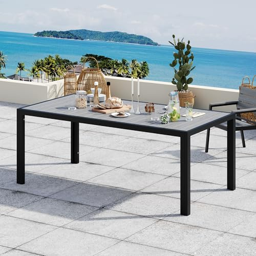 Devoko HDPS wetterfester Gartentisch, 189 x 80 x 74 cm Aluminium-Tisch für den Außenbereich mit Holzmaserung, pflegeleicht, Esstisch für 6 bis 10 Personen (grau)