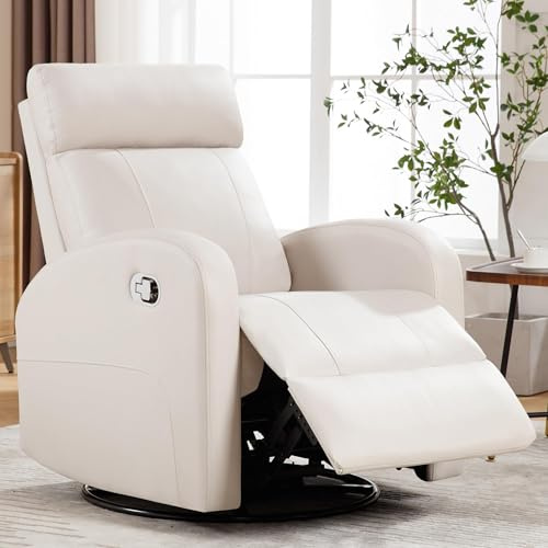 HOMYKA Swivel Rocker Recliner Chair, Manual Faux Leather Recliner, Glider Rocking Recliners 360°Swivel Nursery Reclining Chairs with Adjustable Headrest Highback for Living Room, Cream