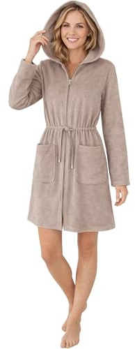 Morgenstern Emily Peignoir court en tissu éponge léger et court pour femme avec fermeture éclair, taupe, XL
