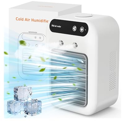 Aire acondicionado portátil, ventilador de refrigeración personal con humidificador, 2 modos de pulverización, 2 velocidades, batería recargable de 4000 mAh, aire acondicionado pequeño USB-C