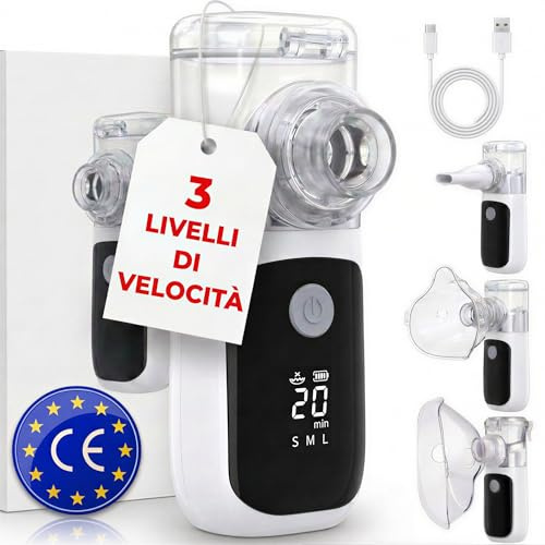 Medicinadellavoro.com - Aerosol Portatile Silenzioso, Porta USB-C con Batteria Ricaricabile e 2 Adattatori inclusi - Aerosol per Adulti e Bambini, Consigliato per Uso Domestico e in Viaggio, 1 pz