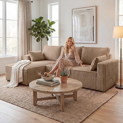 BROMARKT Sofa mit Schlaffunktion L Form Ecksofa mit Bettkasten Hellbraun | Couch Eckcouch Schlafcouch Schlafsofa Sofabett Eckschlafsofa 235x133x85 cm 3 Sitzer Wohnlandschaft Cordstoff PILO