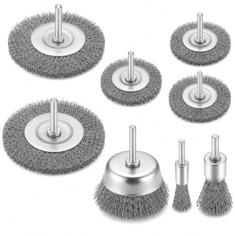 Juego de 8 cepillos de alambre para una limpieza a fondo. Eje de 1/4 de pulgada para eliminar el óxido. Accesorio para taladro. Ideal para el hogar y el jardín. Múltiples posibilidades de uso