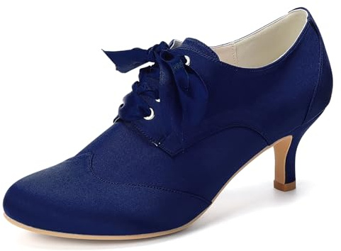 Mdrcg Escarpins de Mariage en Satin pour Femme, Bout fermé et Petit Talon, Style Richelieu à Lacets, Chaussures habillées Confortables à Talon Bas pour la mariée