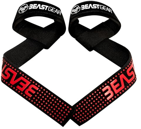 Beast Gear Gymhandledsband halkfria remmar för gym eller remmar för fitness och tyngdlyftning träning i gymmet, i bomull och neopren, svart och röd