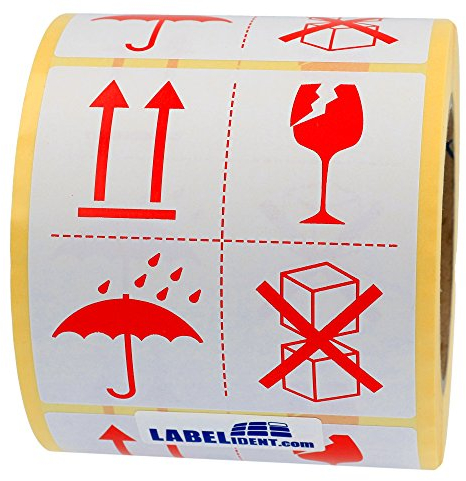 Warnetiketten 100 x 100 mm - Paket Aufkleber Pfeile - Schirm - Glas - Kartons - Seite nach oben/Nässe/Zerbrechlich/Nicht stapeln - 500 Versandaufkleber auf 1 Rolle(n), Papier