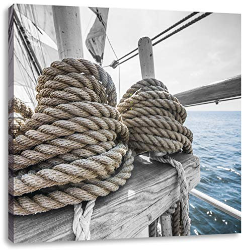 Pixxprint Tau Seile auf einem Schiff schwarz, weiß, Größe: 70x70, Leinwandbild Quadratisch, Wandbild, Kunstdruck, fertig bespannt