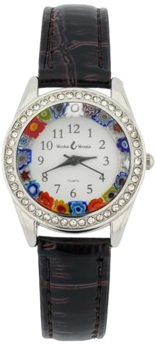 GlassOfVenice Murano glasklocka Millefiori och kristaller med läderband – brun