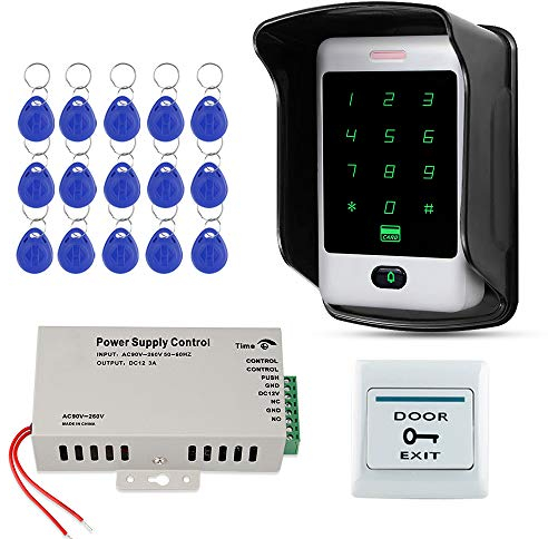 FST - Set di controllo accessi per esterni, tastiera RFID impermeabile, tastiera touch in metallo, alimentazione di controllo accessi DC12V 3A + custodia impermeabile + schede chiave RFID 15 pezzi