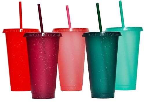 Tumbler with Straw and Lid,Water Bottle Iced Coffee Travel Mug Cup,Reusable Plastic Cups,Perfect for Parties,Birthdays,24oz-5 Pack