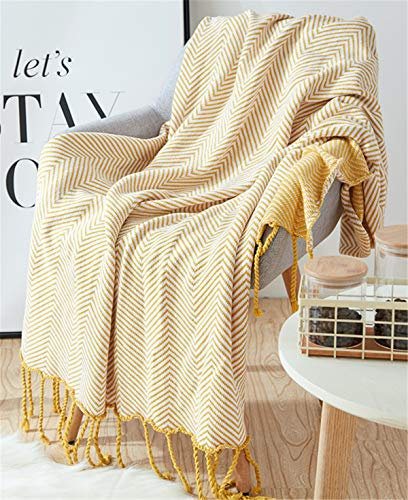 Hayisugal Sofadecke 100% Baumwolle Boho Decke Überwurf Decke Strickdecke Wohndecke Kuscheldecke für Couch, Sofa, Bett, Gelb, 120 x 180cm