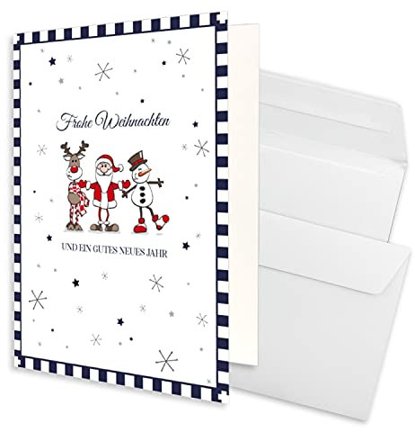 NEUSER PAPIER 100x Weihnachtskarten-Set DIN A6 in Weiß mit Weihnachtsfiguren und Text - Faltkarten mit passenden Umschlägen DIN C6 Hochweiß mit Haftklebung - Weihnachtsgrüße für Firmen und Privat